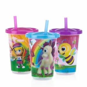 Kit 3 Copos Decorados com Canudo 300ml (feminino) - Nuby