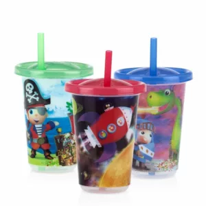 Kit 3 Copos Decorados com Canudo 300ml (masculino) - Nuby