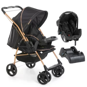 Carrinho de Bebê Milano Reversível III Travel System Golden + Bebê Conforto Grid Black + Base - Galzerano