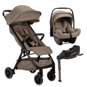 Carrinho TRVL Bege Cedar + Bebê Conforto Pipa Next + Base Isofix Curv - Nuna