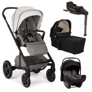 Carrinho Mixx Next Cinza Mineral + Moisés Mixx Next Preto Caviar + Bebê Conforto Pipa Next Preto Caviar + Base Isofix Curv - Nuna