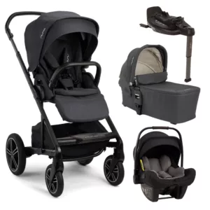 Carrinho Mixx Next Chumbo Mescla Ocean + Moisés Mixx Next + Bebê Conforto Pipa Next Preto Caviar + Base Isofix Curv - Nuna
