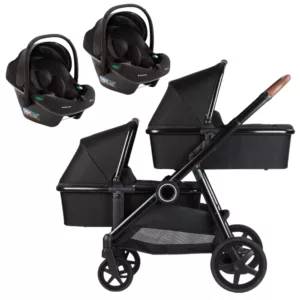 Carrinho Para Gêmeos Go 2 Black + 2 Bebês Conforto I-Prime + 2 Moisés CarryCot - Kikka Boo