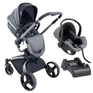Carrinho de Bebê Vulkan Silver + Bebê Conforto Cocoon Cinza + Base - Dzieco