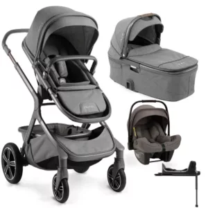 Carrinho + Moisés Demi Grow Cinza Threade + Bebê Conforto Pipa Cinza Thunder + Base Isofix Pipa Next - Nuna