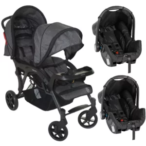 Carrinho Para Gêmeos Doppio II Grafite + 2 Bebê Conforto Grid - Galzerano