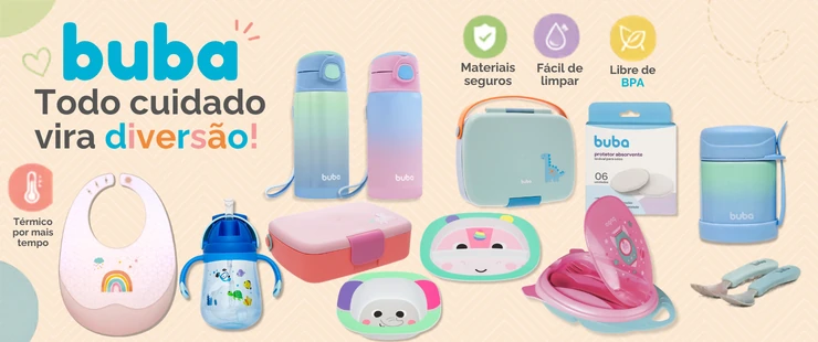 anner promocional da marca Buba com garrafas térmicas infantis, copos com canudo, pratos, talheres e acessórios de alimentação para bebês e crianças na loja Amar Amar