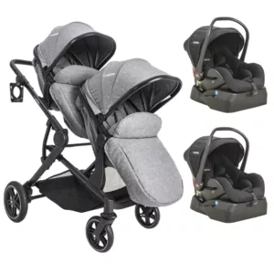 Carrinho Para Gêmeos Cinza Pair + 2 Bebês Conforto + 2 Bases - Kiddo