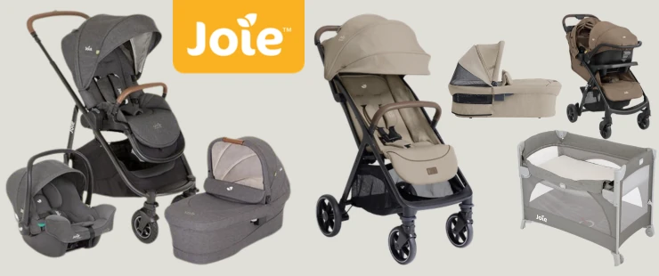 Carrinho de bebê Joie com bebê conforto, ideal para passeios seguros e confortáveis.