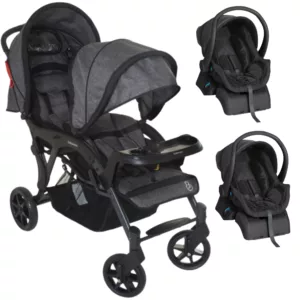 Carrinho Para Gêmeos Doppio II Grafite + 2 Bebê Conforto Cocoon + 2 Base - Galzerano
