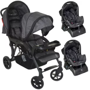 Carrinho Para Gêmeos Doppio II Grafite + 2 Bebê Conforto Grid + 2 Base - Galzerano