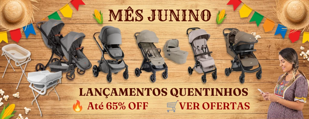 Banner Mês Junino Amar Amar com carrinhos de bebê Travel System, banheiras e ofertas de até 65% OFF em lançamentos