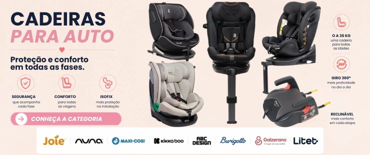 Banner da categoria Cadeiras para Auto da Amar Amar com modelos das marcas Joie, Nuna, Maxi-Cosi, Kikkaboo, ABC Design, Burigotto, Galzerano e Litet.