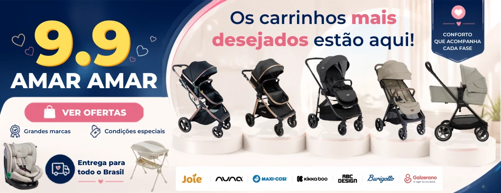 Banner da campanha 9.9 Amar Amar com ofertas em carrinhos de bebê, cadeiras para auto e produtos das marcas Nuna, Joie, Maxi-Cosi, Kikkaboo, ABC Design, Burigotto e Galzerano.