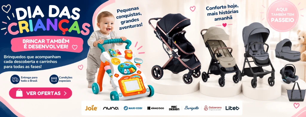 Banner Dia das Crianças Amar Amar com ofertas em andadores, carrinhos de bebê e produtos infantis das principais marcas.
