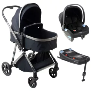 Carrinho Flip Black  + Bebê Conforto Materna Preto + Base Isofix - Burigotto