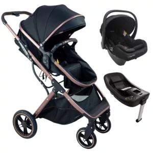Carrinho Zoe Preto Cobre + Bebê Conforto I-Size Atena + Base Isofix - Galzerano