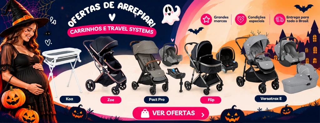 Banner Ofertas de Arrepiar da Amar Amar com carrinhos de bebê, Travel Systems e produtos infantis em promoção de Halloween.