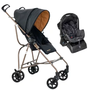 Carrinho de Bebê Passeio Capri Preto Cobre + Bebê Conforto Grid Preto + Base - Galzerano