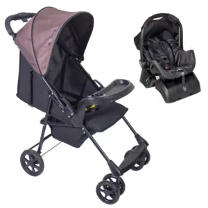 Carrinho Denver Preto Cappuccino + Bebê Conforto Grid Preto + Base - Galzerano