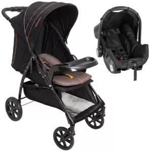 Carrinho Milano One Hand Preto Camel + Bebê Conforto Grid Black – Galzerano