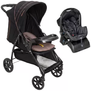 Carrinho Milano One Hand Preto Camel + Bebê Conforto Grid Black + Base  – Galzerano